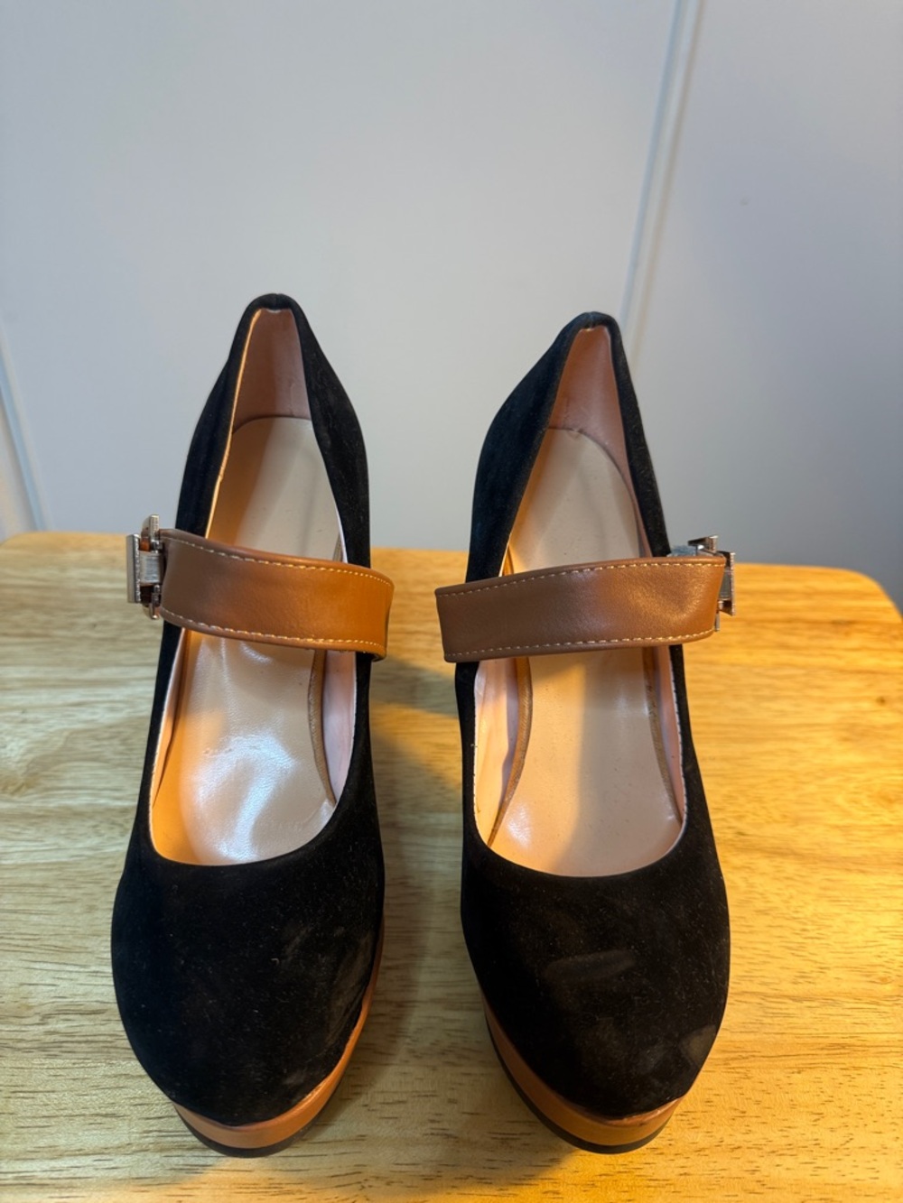 Women's Black Suede Mary Jane Pumps with Brown Strap
